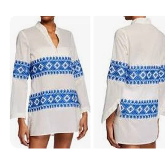 Tory Burch Stephanie Embroidered Coverup Tunic Top Ivory blue L - Picture 2 of 9